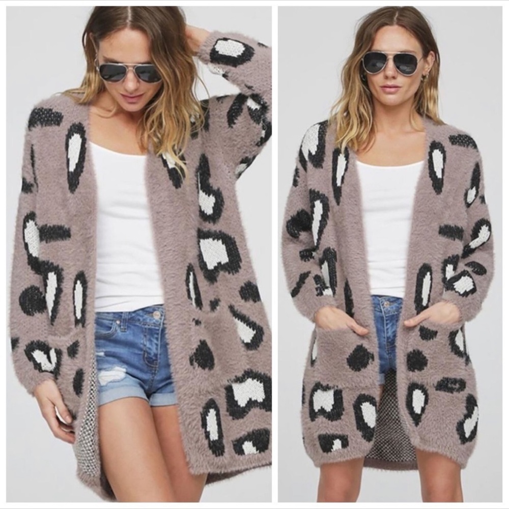 Ultra soft leopard print eyelash cardigan sweater